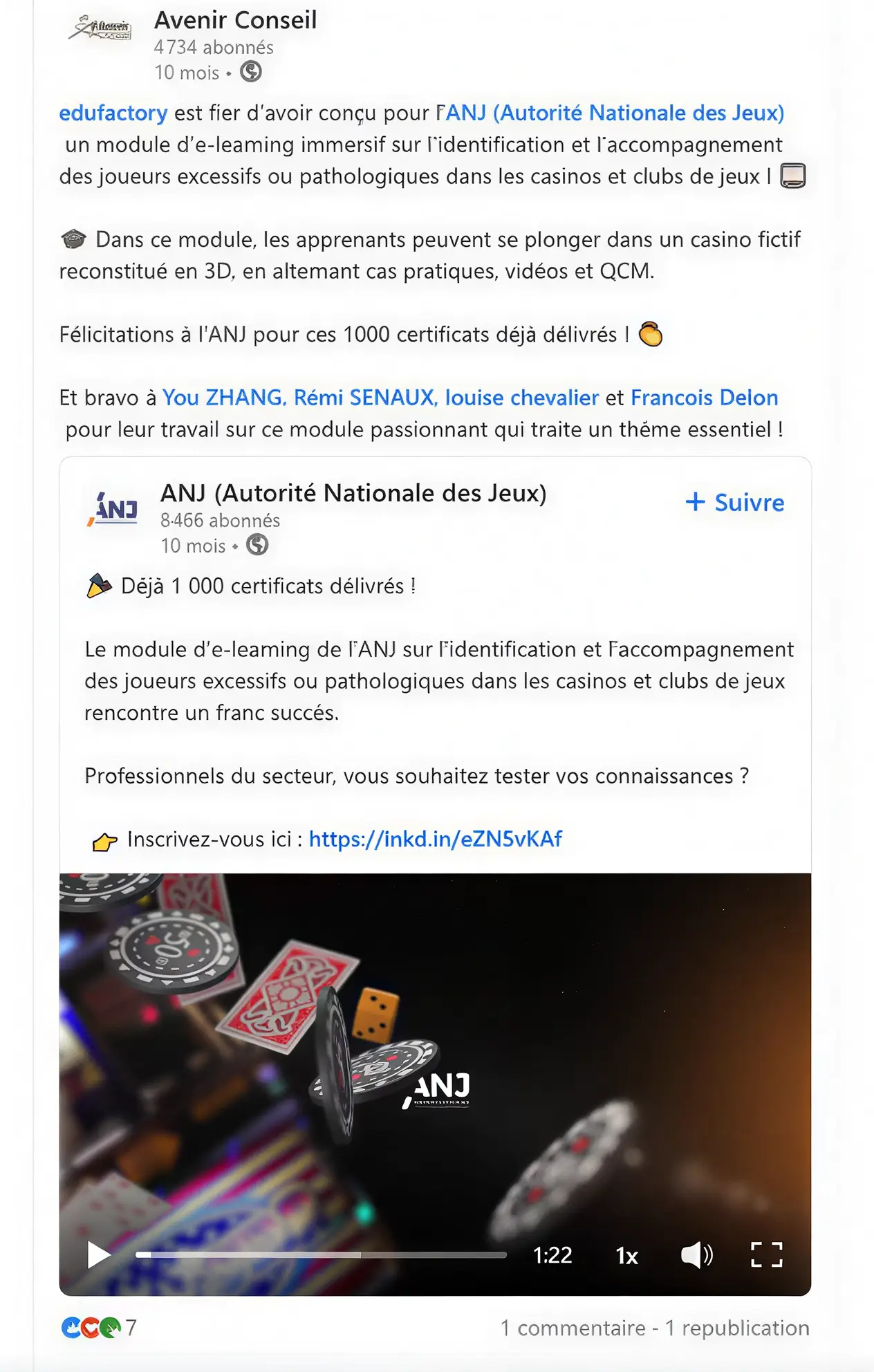 Capture LinkedIn mentionnant la contribution de You Zhang à un module e-learning pour l’ANJ